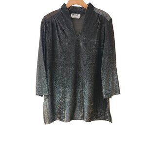 Vintage Teddi of California Black Silver Metallic Tunic V-Neck Disco Size 12